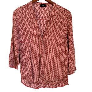 Et Vous Paris Red Butterfly Blouse Roll Tab Sleeve Button V-Neck Women's Small